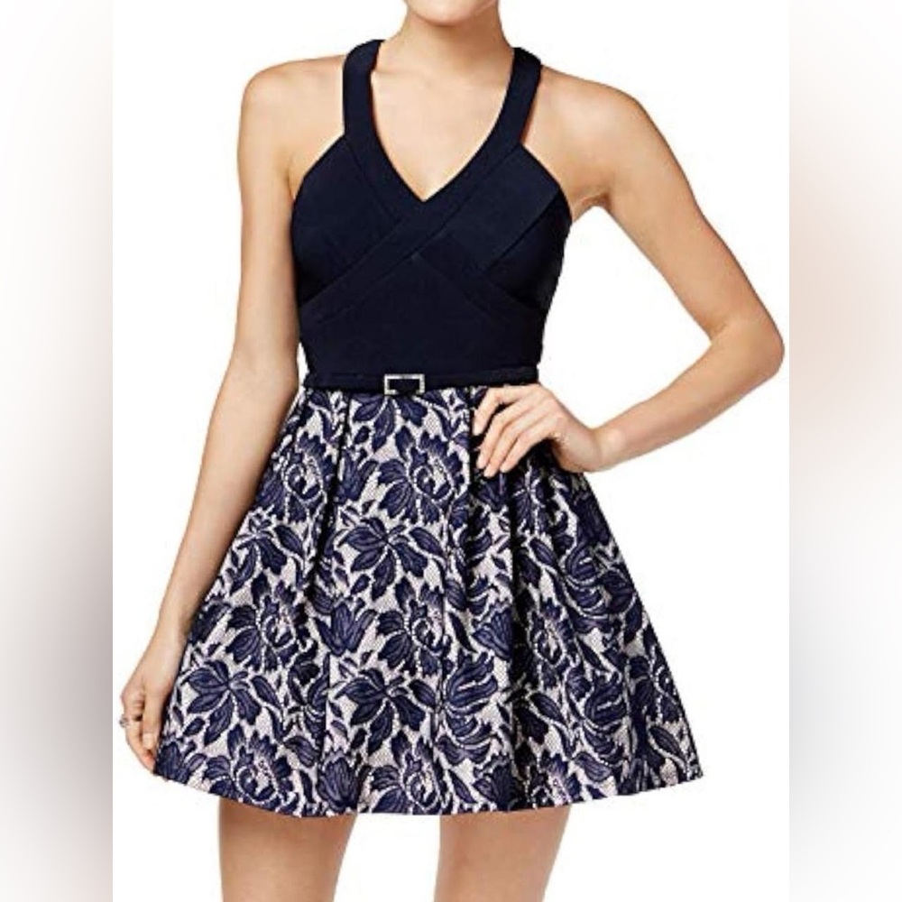 Crystal Doll Navy Blue and Cream Floral Dress with a Belt